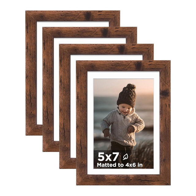 KINLINK 5x7 Picture Frame Rustic Brown Set of 4, Wooden Photo Frames Matted 4x6 with Plexiglass for 4x6 with Mat or 5x7 without Mat for Table and Wall Display
