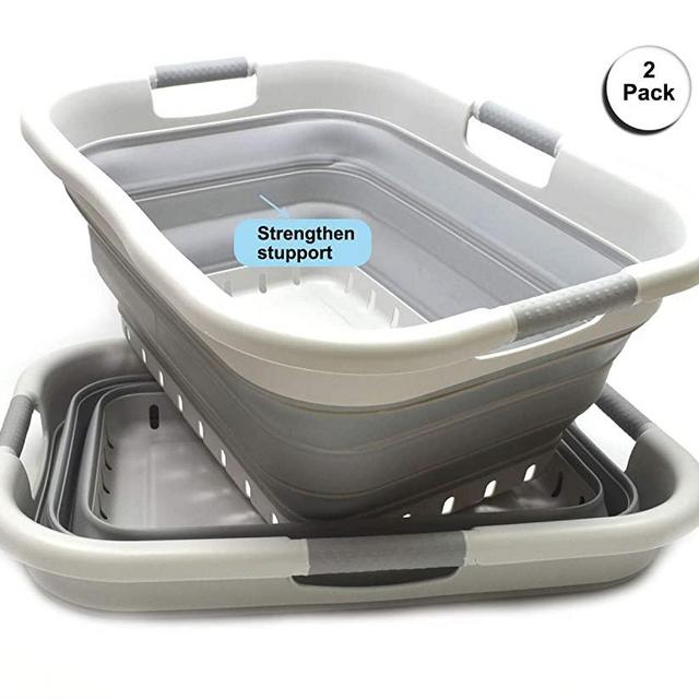 SAMMART Set of 2 Collapsible 3 Handled Plastic Laundry Basket - Foldable Pop Up Storage Container/Organizer - Portable Washing Tub - Space Saving Hamper/Basket (2, Grey/Grey)