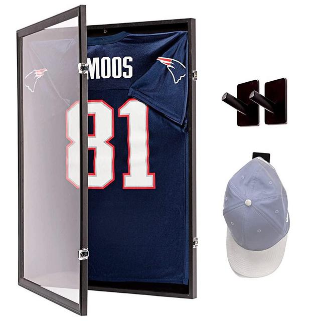 Football Jersey Frame Display Case – Strong MDF Wood Jersey Display Frame & Shatterproof Acrylic Glass – 2 Hangers, Velvet Pinboard, & Shirt Display Assembly Items – Jersey Display Case Kit by Tidyme