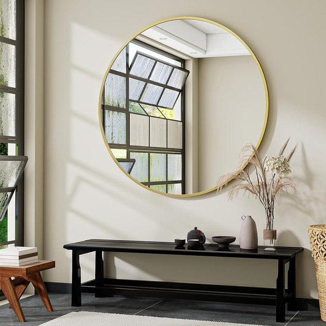 VooBang Gold Round Bathroom Mirror, 48 inch Large Circle Wall Mounted Hanging Mirror with Simple Modern Circular Metal Frame for Hallway, Entryway, Living Room, Gold Frame