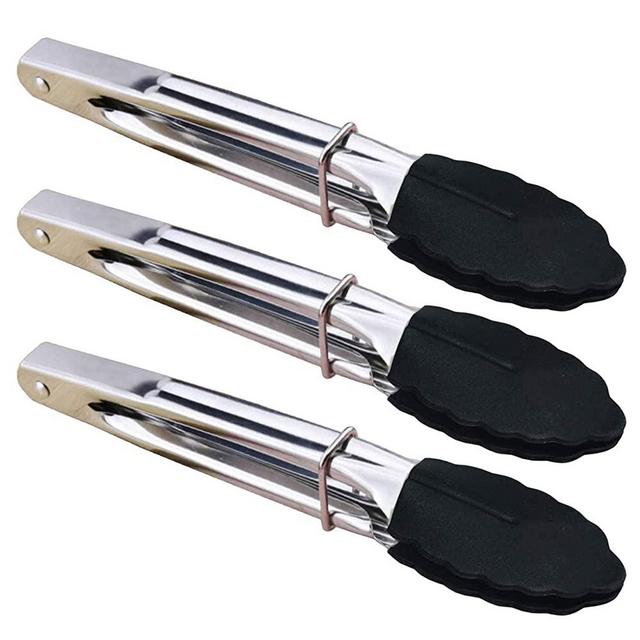 HINMAY Mini Tongs with Silicone Tips 7-Inch Kitchen Tongs, Set of 3 (Black)
