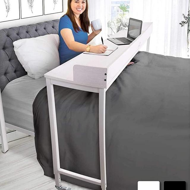 Joy Overbed Table with Wheels for Full/Queen Beds | Height Adjustable Rolling Bed Desk | Mobile Multi-Functional Table | Great for Bedroom, Dining Room, Living Room (Height: 40" - 46" / White)