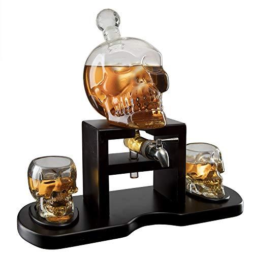 Skull Whiskey Decanter Set With 2 Skull Glasses and mahogany Wooden Base The Wine Savant With Spigot