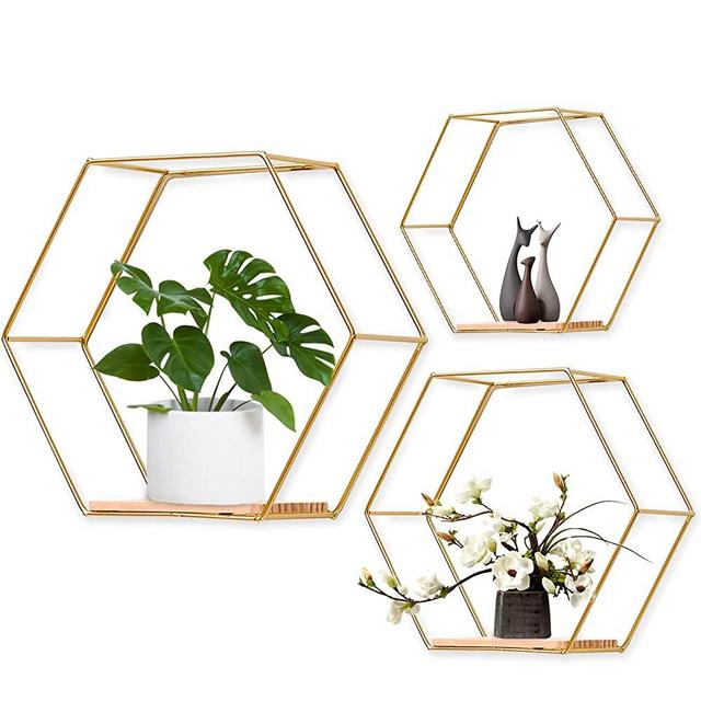 Wall Mounted Hexagonal Floating Shelves Set of 3 in Different Sizes, Modern Metal Wall Shelf, Simple Wood Partition Storage Shelves, Wall Decor Rack for Bedroom, Living Room, Kitchen and Office