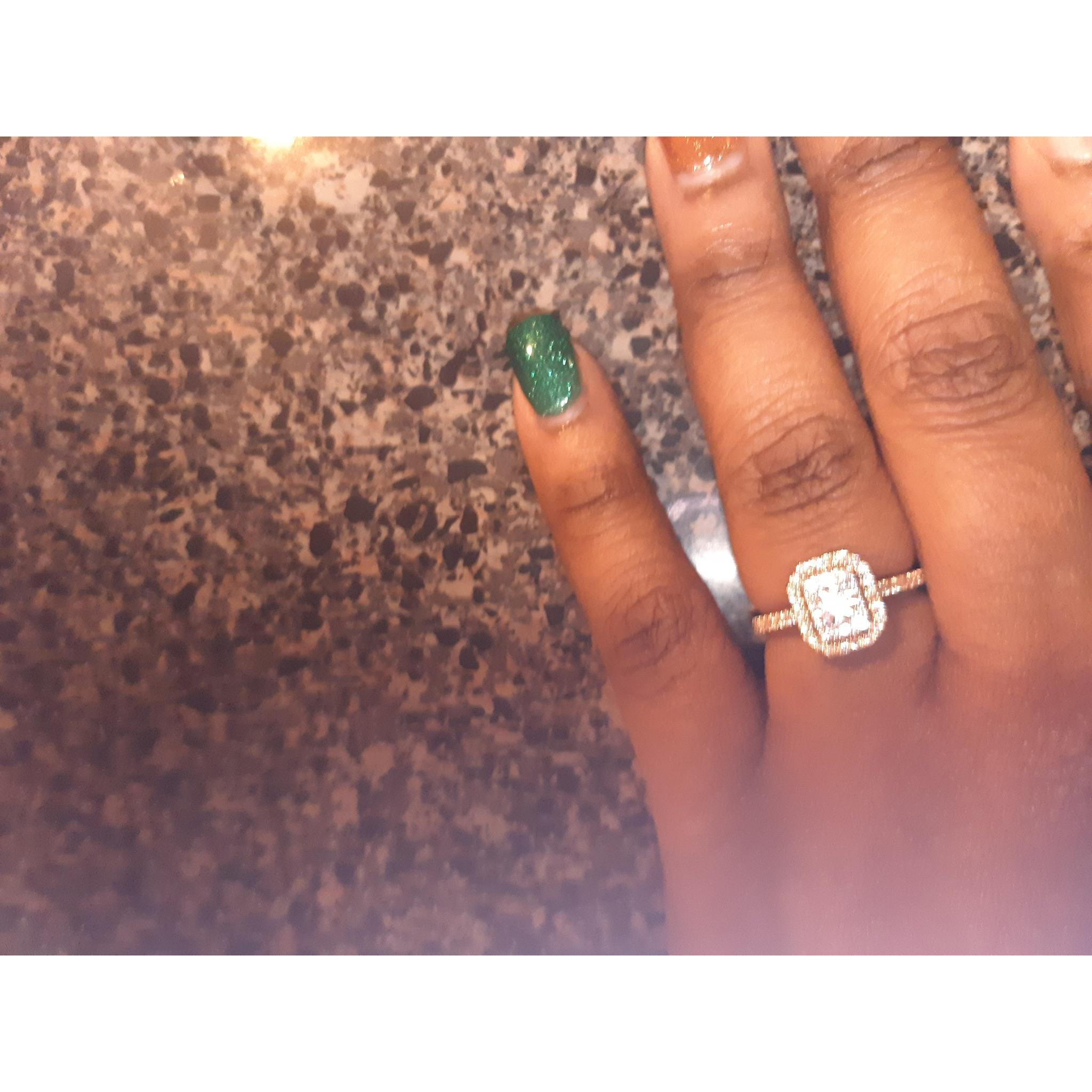 Funny story: my index finger nail broke earlier in the day so I took this as the first picture of my ring after he proposed.