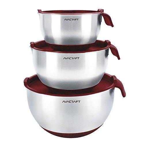 AVACRAFT 18/10 Top Rated Stainless Steel Mixing Bowls with Lids, non slip silicone base bowls with Handle, Mixing Bowl Set with Pour Spouts & Measurement Marks, Home Essentials Cooking Bowls, (Red)