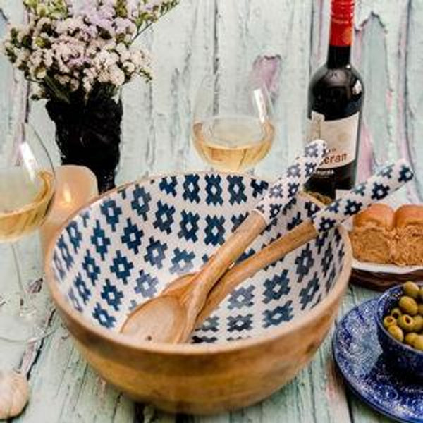 Folkulture Salad Bowl or Wooden Bowls with Serving Tongs, Large for Fruits, Cereal or Pasta, Large Mixing Bowl Set, 12" Diameter x 5" Height, Mango Wood, Blue