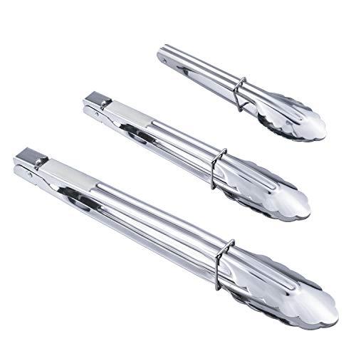 HINMAY Stainless Steel Kitchen Tongs Set Metal Cooking Tongs with Sliding Rings for Barbecue Cooking Salad Grilling Frying and Serving (7 9 12 Inch 3 Pieces)