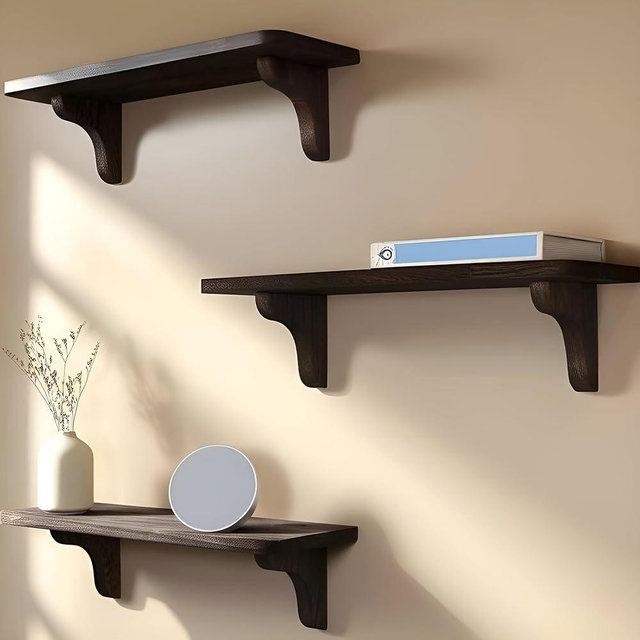 Real Wood Wall Mounted Rustic Wood Shelves - 17 inch (3 Pack) - Easy to Install, Template and Video Included - Wide Brown Shelves for Wall, Shelving for Wall