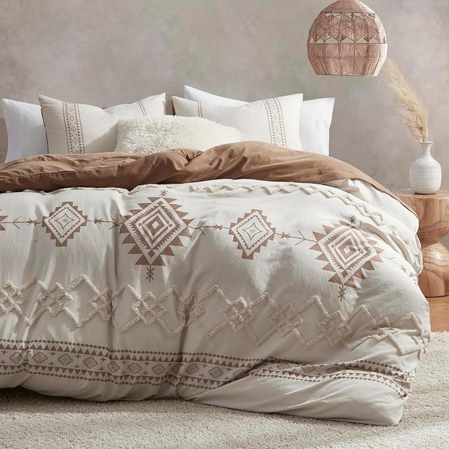 Oli Anderson Boho Duvet Cover Set Queen Size, Beige and Terracotta Color Clash 3 Pieces Microfiber Bedding Set, Durable and Super Soft Comfoter Cover with Zipper and Ties, 90"*90"