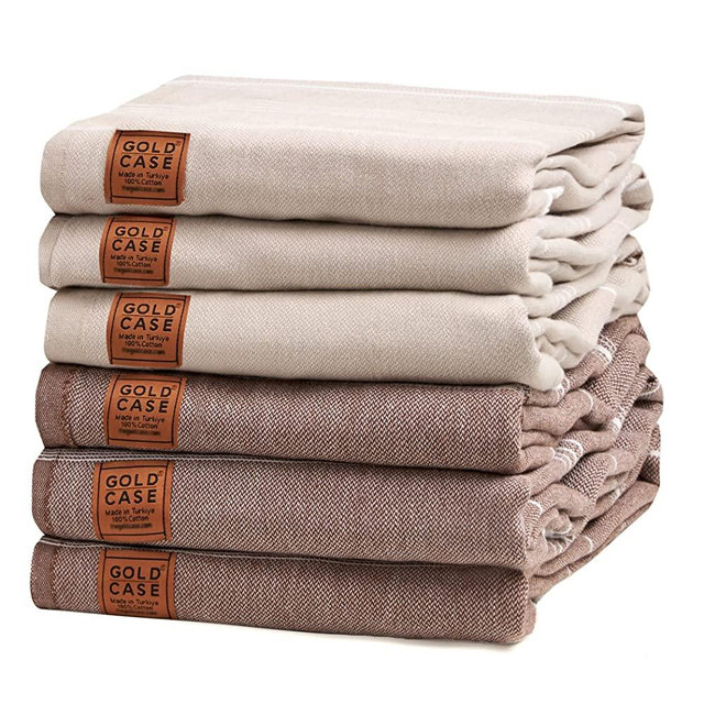 Gold CASE Turkish Beach Towel Bath Towels LYCIA Series - Set of 6 - PRE-Washed 70x38 inches XXL Oversized -100% Cotton - Quick Dry Lightweight Sand Free Turkish Towel (Brown-Beige)