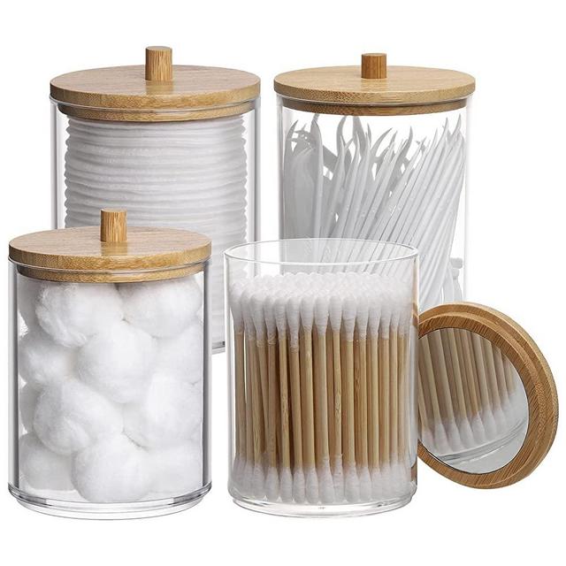 Tbestmax 10-Ounce Qtip Holder Apothecary Jars Bamboo Lids with Mirror, Cotton Ball Swab Pad Dispenser Bathroom Canisters (4 Pack)