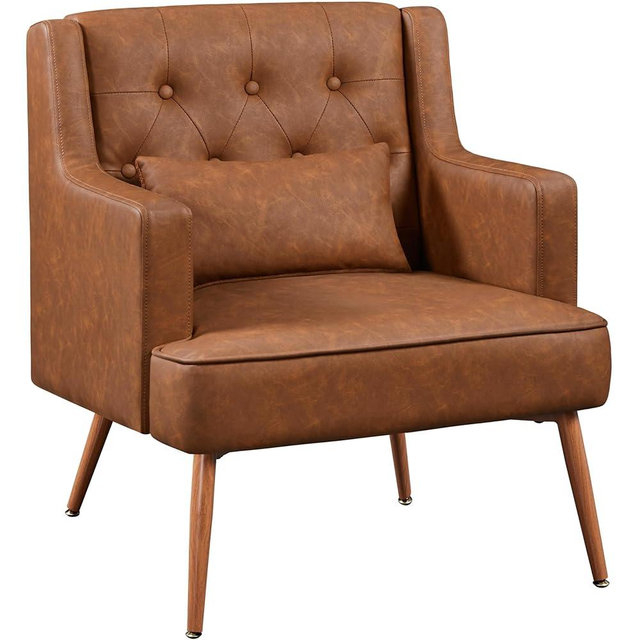 Yaheetech Accent Chair, Living Room Chair Mid Century PU Leather Armchair Lumbar Pillow, Comfy Upholstered Reading Chair Wood Leg Bedroom Lounge Brown