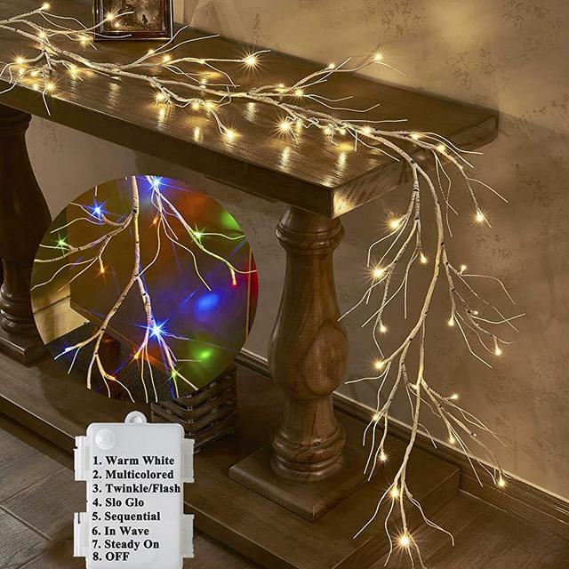 LITBLOOM Lighted Birch Garland Battery Operated with 8 Functions 48 Multi-Color and Warm White Lights, Pre-lit Twig Vine Lights 6FT for Indoor Outdoor Thansgiving Chrismtas Decoration