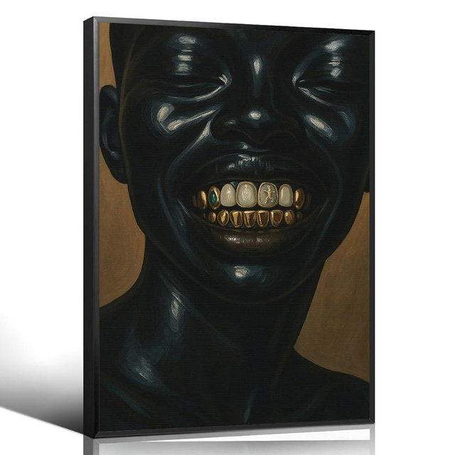 African American Canvas Wall Art, Urban Dope Black Man Aesthetic Poster, Minimalist Black People Gold Tooth Painting Print, Modern Afrocentric Artwork for Bedroom Living Room 12x16in Framed