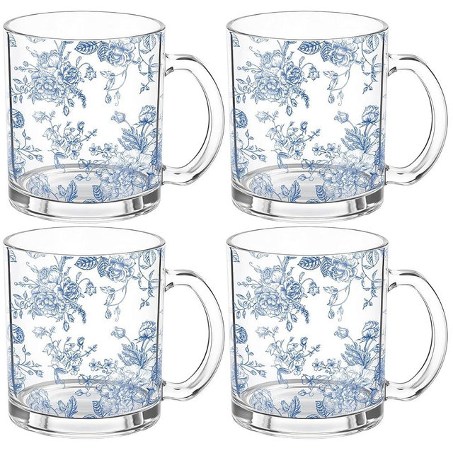 Willinglong 4 Pcs Blue Floral Glass Coffee Mugs 12oz Blue and White Flower Chinoiserie Cups with Handle Spring Summer Drinking Cups for Bridal and Baby Shower Tea Garden Birthday Wedding Party