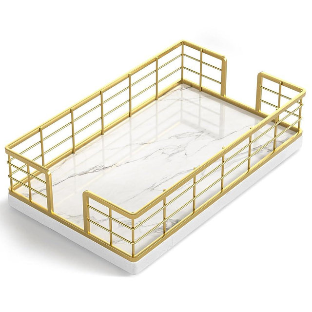 Wican Marble Guest Towel Holder Tray for Bathroom, Napkins Holder for Powder Room Dinning Table Wooden Basket for Disposable Paper Hand Towels Gold and Marble White