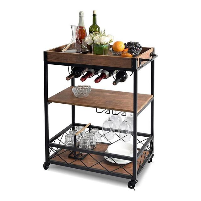 charaHOME Industrial Kitchen Serving Carts Rolling Bar Cart with 3 Tier Storage Shelves Kitchen Island Cart with Wine Glass Holder,Handle Racks,Lockable Caster Liquor Cart Removable Top Box Container