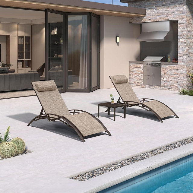 PURPLE LEAF Outdoor Chaise Lounge Chair Set of 3 Patio Pool Lounger Bronze Aluminum Chairs with Side Table Adjustable Tanning Recliner for Outside Backyard Yard Deck Balcony Beach Khaki