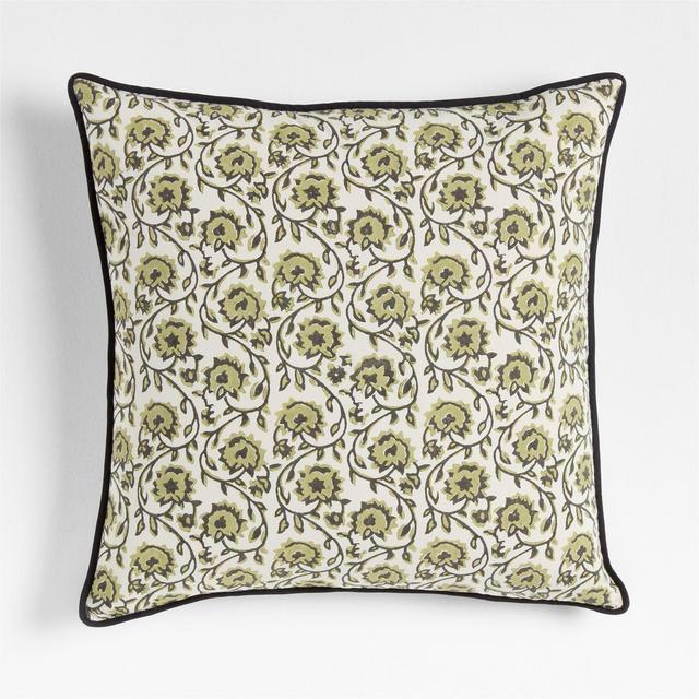 Washed Cotton 23"x23" Olive Green Floral Reversible Block Print Throw Pillow with Feather Insert