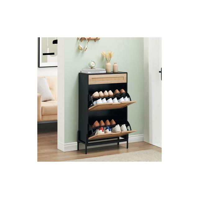 Whizmax Natural Rattan 2 Flip Door with 1 Drawer Shoe Cabinet Organizer Freestanding, Shoe Rack Storage Cabinet for Slippers, Sneakers, Heels, Boots