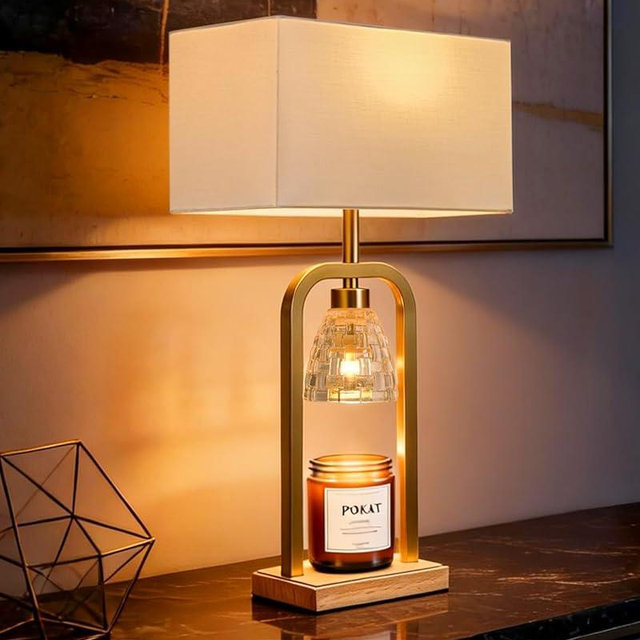 PoKat Electric Candle Warmer Lamp Gold, Lamp Candle Warmer with Timer Dimmer, Wax Light Warming Table Lamp for Jar Candles, Modern Bedside Lamp for House Warming Home Decor Living Room, Bulb Included