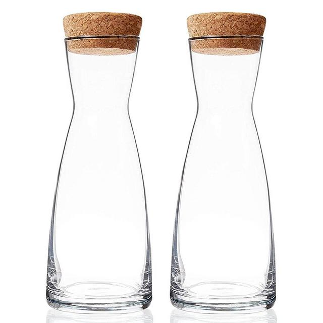 Bormioli Rocco Set Of 2 Ypsilon Carafe With Natural Cork Top Lid, 18.5 Oz. Star Glass Pitcher For Water, Juice, Ice Tea Or Wine.