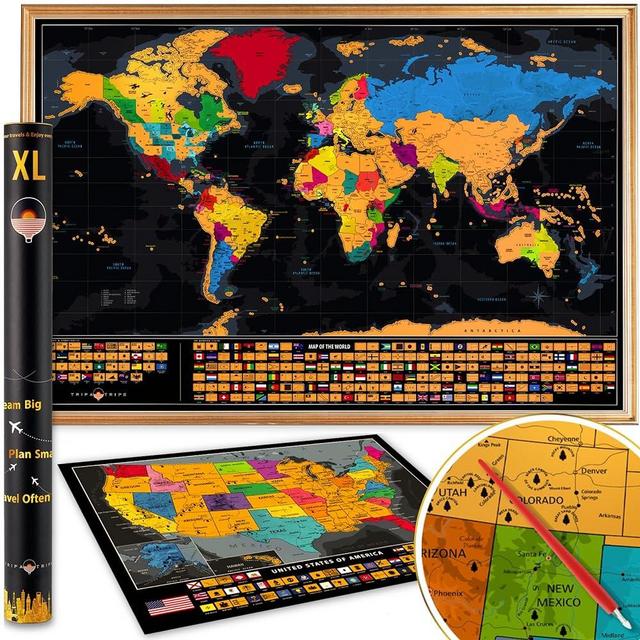 XL Scratch off World Map with All 233 Flags + Deluxe USA Scratch off Map | 36x24 Easy to Frame Travel Map Scratch off Poster | World Map Scratch off for Travel + Accessories | Best Gift for Travelers