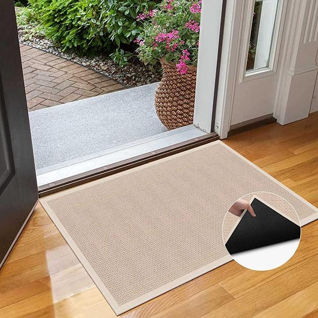 Indoor Door Mat Rug Non Slip, Washable Entry Mat Entry Way Rug, Small Outdoor Door Mat Waterproof, Stain Dirt Resistant Front Rubber Door Mat Outdoor Entrance, Low Profile House Patio Entry Rug, Beige