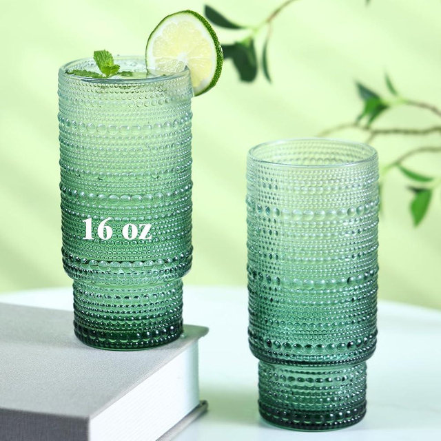 Cowjut 6pcs Hobnail Drinking Glasses Set, 16 oz Vintage Glassware Drinking Glasses, Gradual Dark Green Water Glasses Tumbler, Cups for Kitchen, Juice, Beer, Cocktail, Whiskey