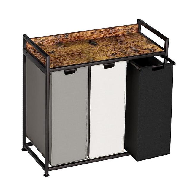 Herture Laundry Hampers with Shelf, Laundry Basket 3 Section, Laundry Sorter with Pull-Out Removable Large 3 Color Bags and Movable Wheels, Metal Frame, 3 x 15.87 Gallons (60L), Rustic Brown PF04XLN