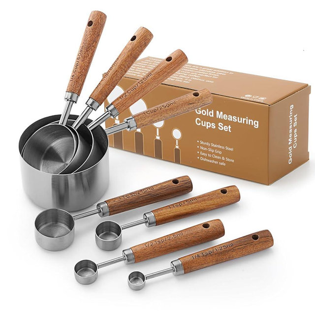 SHIKORI Gold Measuring Cups and Spoons Set with Wood Handles, Premium Stainless Steel Measuring Spoons and Measuring Cups Set-Silver