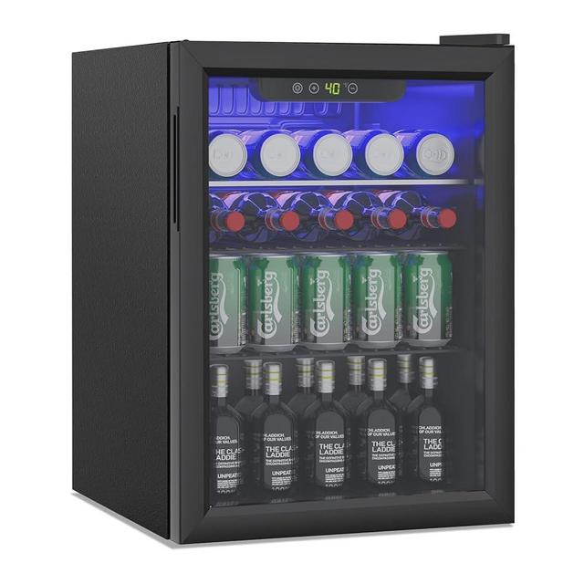 Erivess Compact Beverage Refrigerator, 95 Can/2.6 Cubic Feet Mini Fridge with Glass Door for Soda, Beer, or Wine, Under Counter Drink Dispenser with Adjustable Shelves (2.6 Cubic feet)