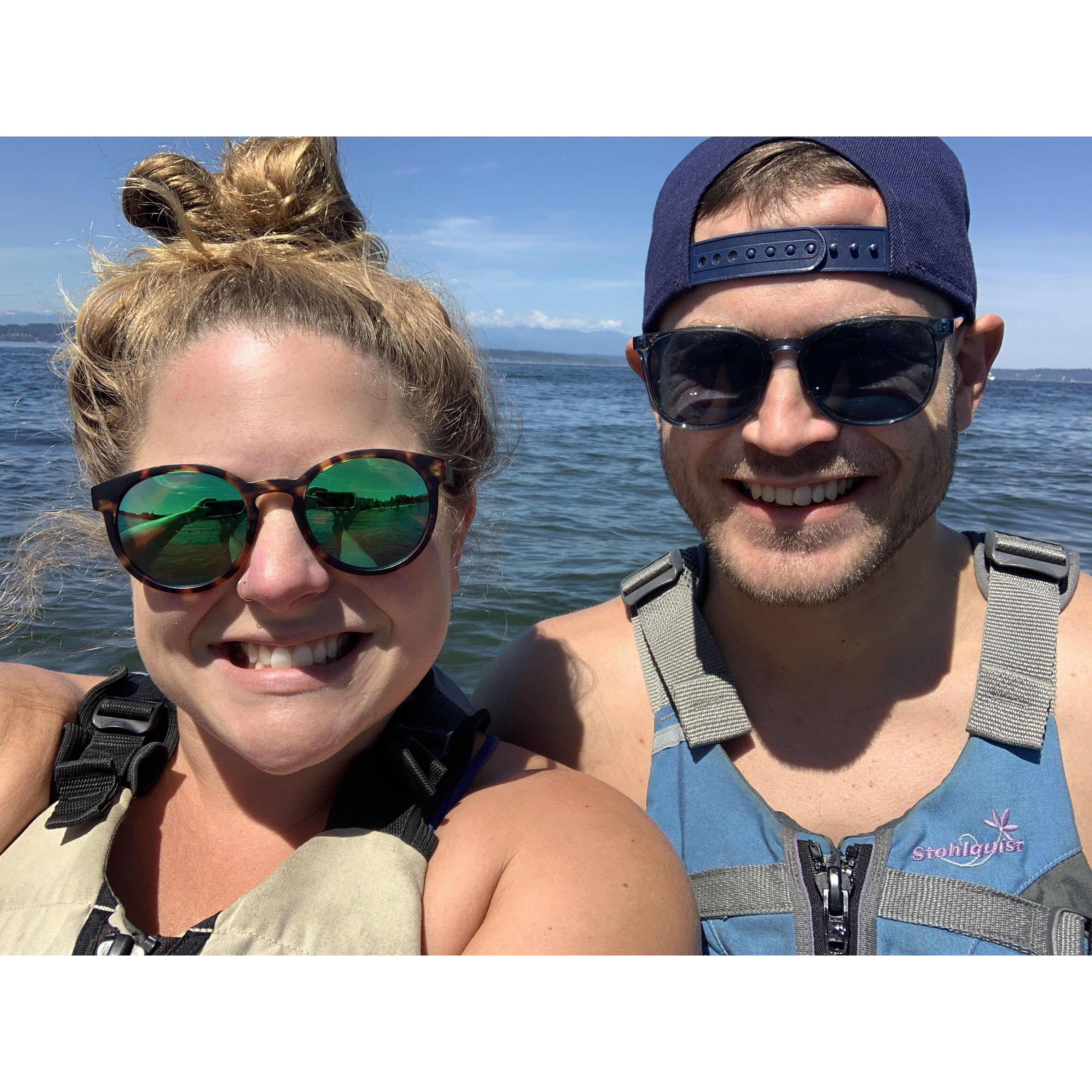 The first time we went crabbing off our paddle boards in Puget Sound, now one of our favorite hobbies!