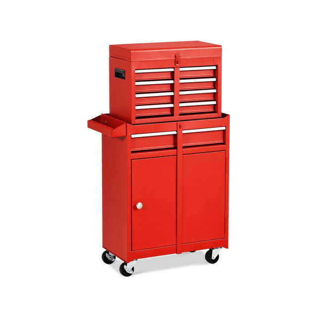 Costway 2 in 1 Tool Chest & Cabinet with 5 Sliding Drawers Rolling Garage Organizer Red