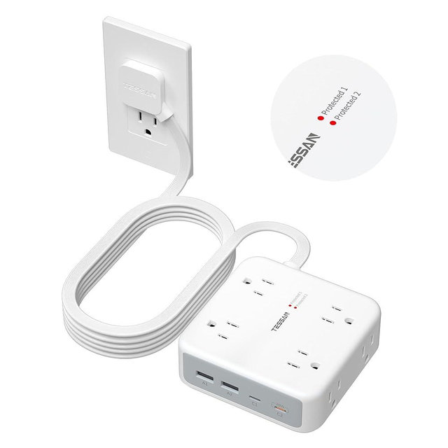 TESSAN 10 Ft Surge Protector Power Strip, 4 USB(2 USB C) 8 Outlets, Flat Plug Extension Cord with Multiple Outlets, 2100J Protection, 20W Desk Charging Station for Home, Office, Dorm Room Essentials
