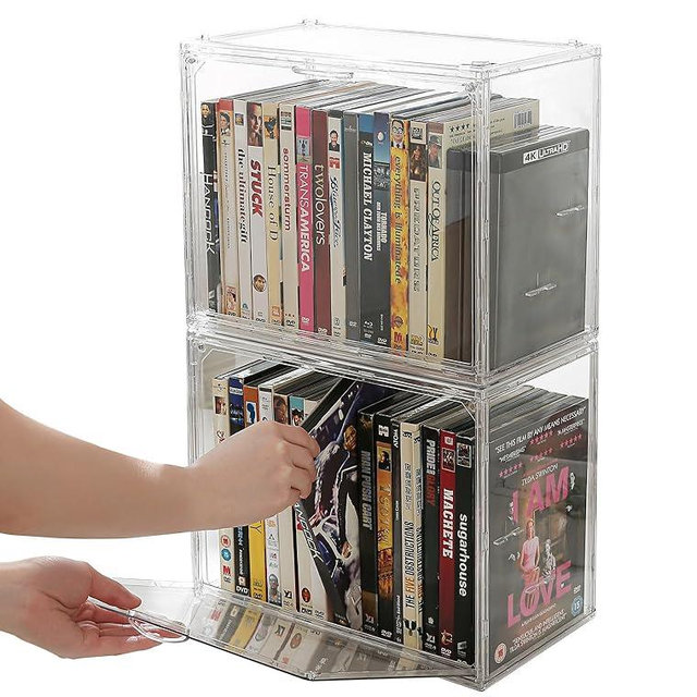 Beveetio Acrylic 2-Pack DVD Storage Box, Stackable DVD Case Holder Organizer With Door, Clear CD Storage Box For CDs, Blu Ray, Discs, Video Games, Holds Up to 34 Cases