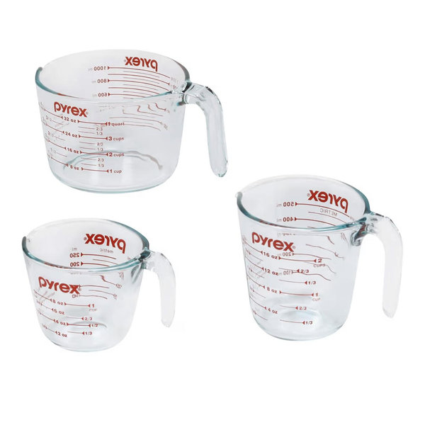 Pyrex Essentials (3-Pack) Glass Measuring Cups Set, (1, 2 & 4 Cup) Measuring Cups For Prepping, Baking and Cooking, Preheated Oven, Dishwasher, Freezer, and Microwave Safe