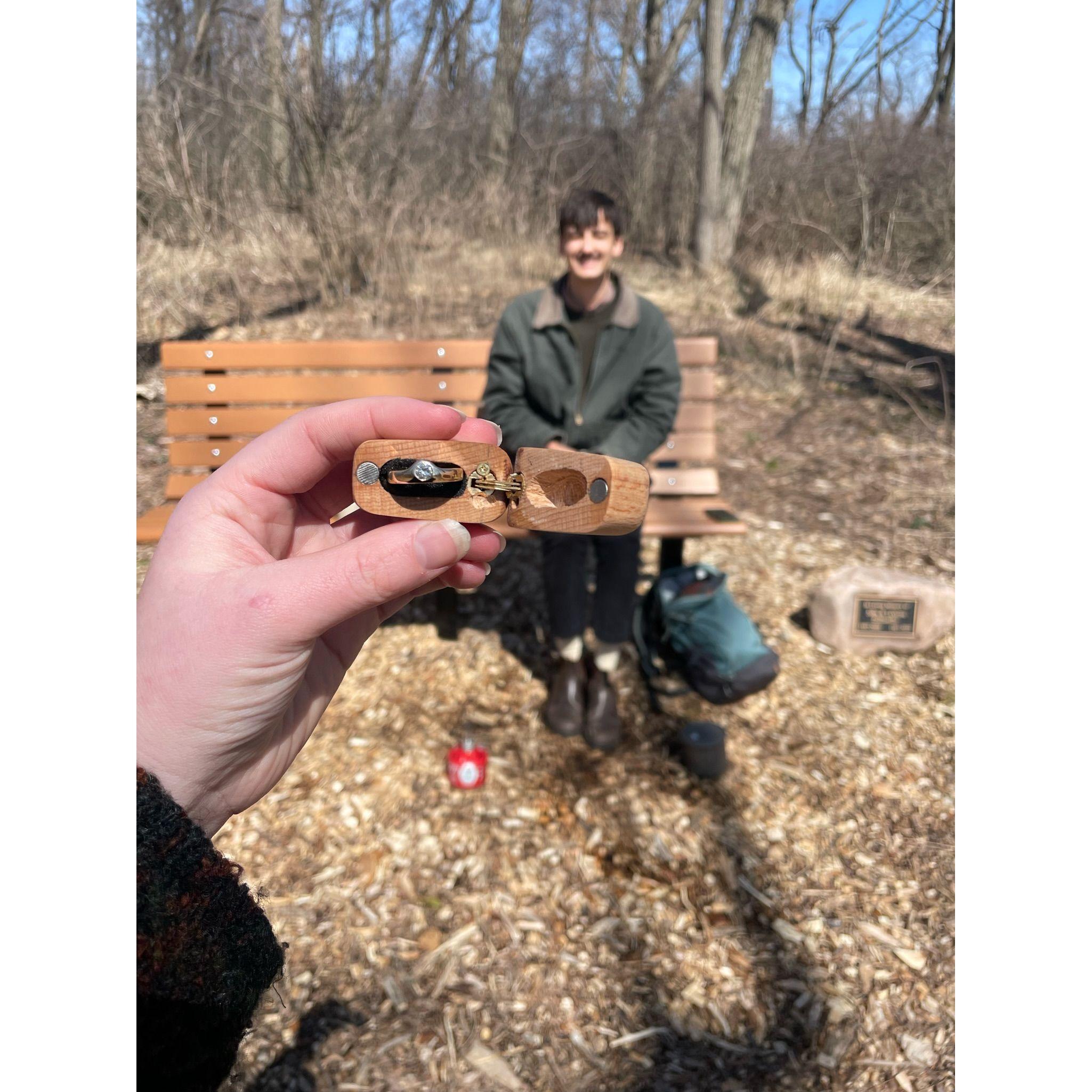 From Palm Sunday 2023 in the Lincoln Marsh when Ethan asked Annalise to marry him and then we cried and drank chai. Featuring a handmade wooden ring box and Grandma Eleanor's stone