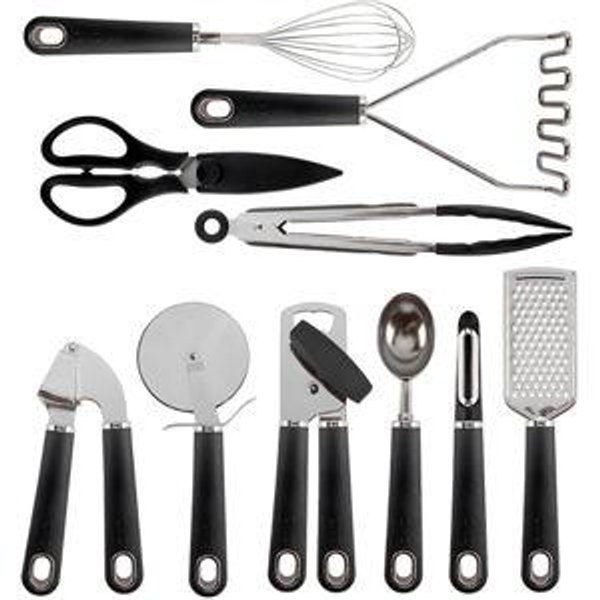 COOK WITH COLOR Kitchen Gadget Set Stainless Steel Utensils with Soft Touch Handles, 7 Pieces, Stainless Steel Black