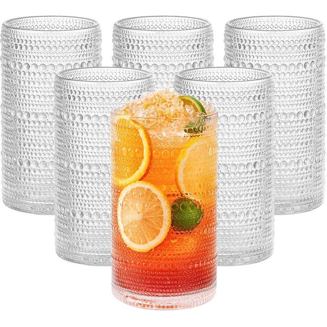 PORANDIA Large 16 oz/480 ml Hobnail Drinking Glasses Set of 6, Vintage Embossed Tumbler Clear Highball Glasses for Cocktail, Juice, Whiskey, Beer, Milk and Various Mixed Drinks
