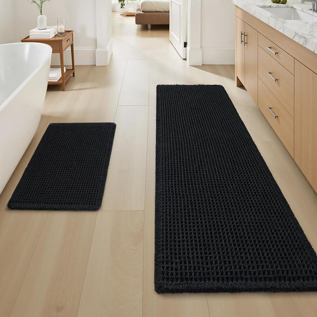 Upgraded Waffle Bath Mat Set of 2 Super Absorbent Non Slip Bath Mats for Bathroom Floor, Washable Boho Bathroom Rugs Set 2 Pieces with Tassels, Soft Bathroom Mat Set, Black, 17" x 24" Plus 17" x 48"