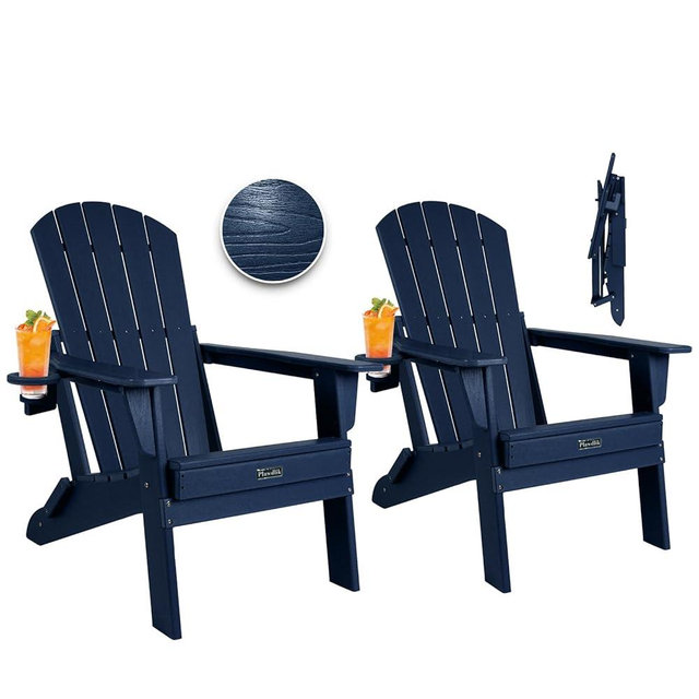 Plawdlik Folding Adirondack Chair, SGS Tested, Wooden Textured with Cup Holder, Heavy All-Weather HDPE Comfortable Set Poolside Backyard Lawn Navy Blue
