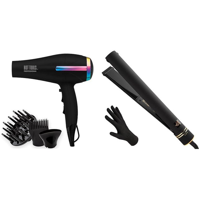 Hot Tools Professional Rainbow Turbo Ceramic Hair Dryer | 1875W Powerful and Quiet Blowouts & Pro Artist Black Gold Evolve Ionic Salon Hair Flat Iron | Long-Lasting Finish for Straightening Hair,