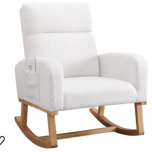 Rocking Chair Nursery,Teddy Rocker Nursing Chairs with Wood Legs & Side Pocket, Comfortable Glider Roking Chair for Nursery, Living Room, Bedroom, Sherpa White