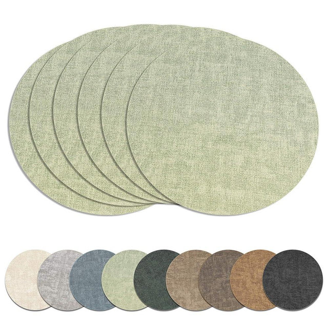 13" Round Placemats Set of 6, Reversible Faux Leather Heat Resistant Table Mats, Waterproof Oilproof Wipeable Table Protective Placemats for Vinyl, Washable for Indoor & Outdoor Use (6, Light Green)