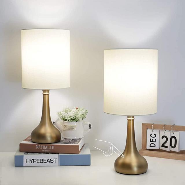 Set of 2 Bedside Touch Lamps 3 Way Dimmable Small Nightstand Lamp Boncoo Night Light Lamp Simple Touch Table Lamp with Brass Metal Base for Living Room Bedroom Office, A19 4000K Led Bulb Included