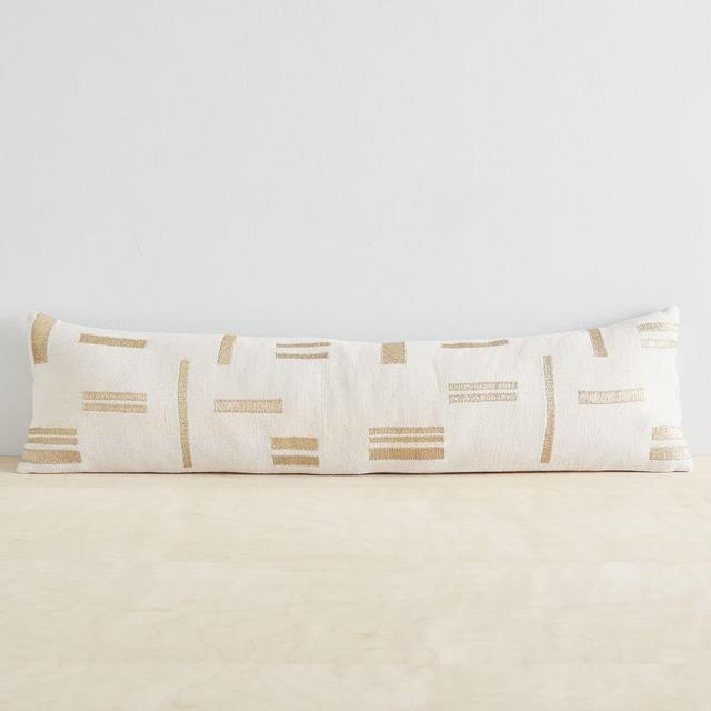 Embroidered Metallic Blocks Pillow Cover, 12"x46", Natural