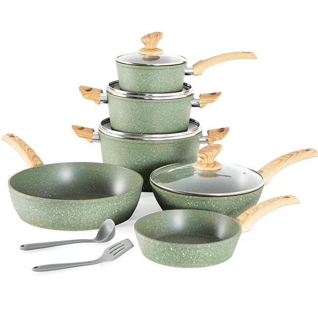 Kitchen Academy Induction Cookware Sets - 12 Piece Green Cooking Pan Set, Granite Nonstick Pots and Pans Set