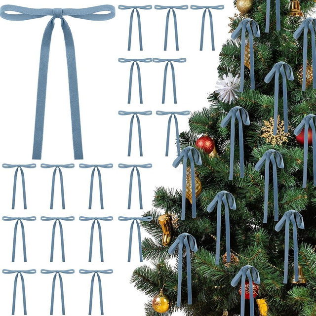 Glitinsel 24 Pcs Velvet Bows Christmas Tree Ornaments Vintage Double Faced Velvet Ribbon Bows for Tree Garland Wreath Indoor Outdoor Xmas(5 x 7 Inch,Width of 3/8",Dusty Blue)